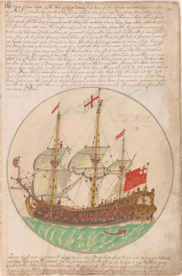 An aged page featuring script and a ship illustration.